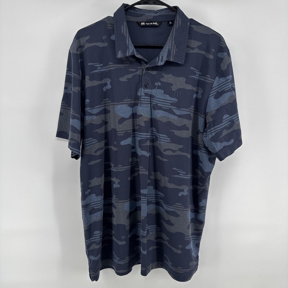 TravisMathew Polo Shirt Mens 2XL Blue Camo Golf Performance Made Peru Stretch